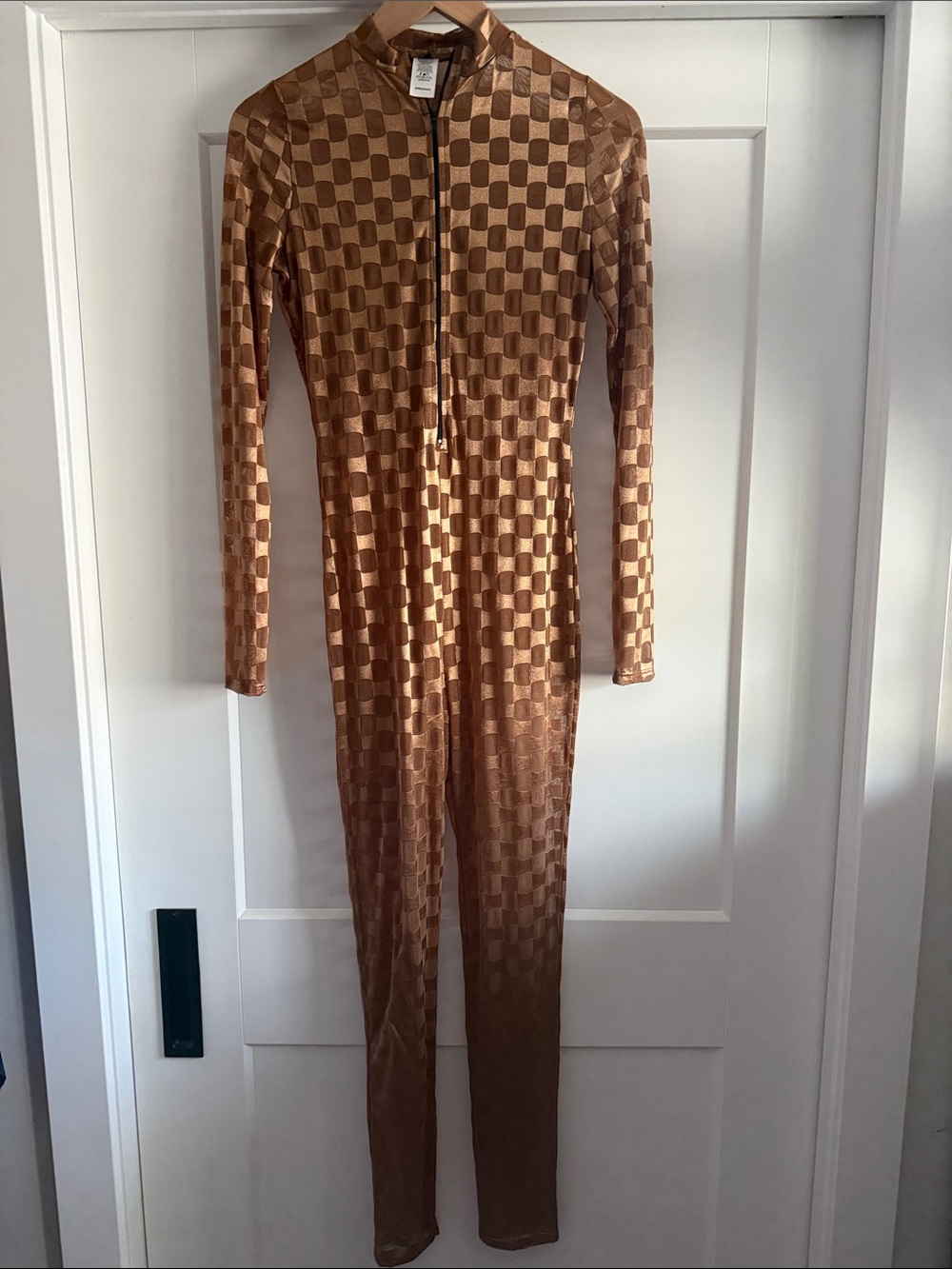 Checkerboard Zip-Front Brown Jumpsuit